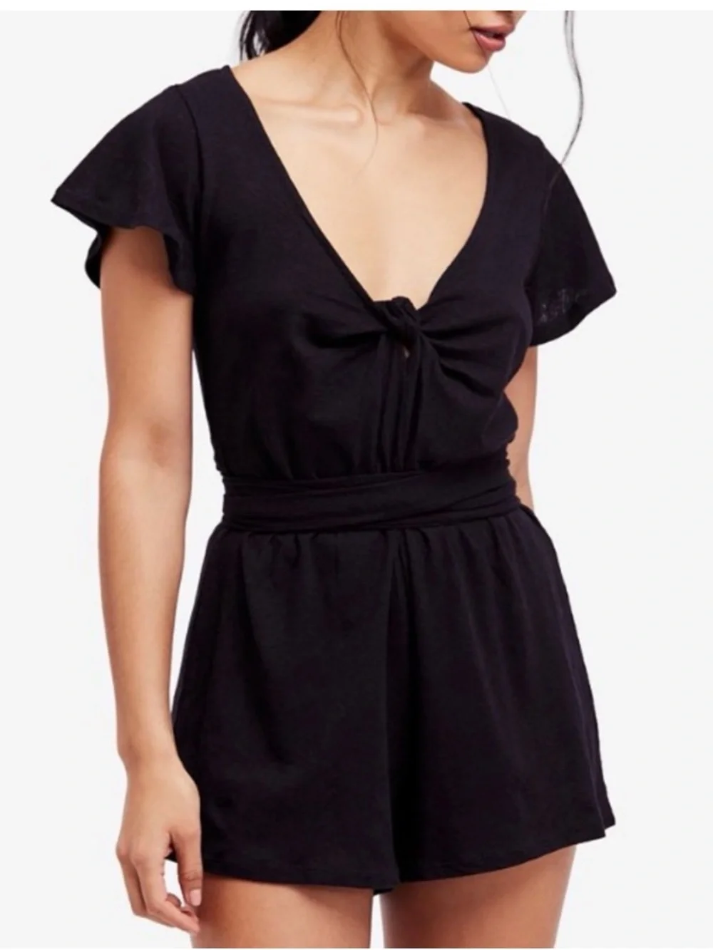 Free People Black Twist V Neck 52% Linen 48% Cotton Romper Sz XS
